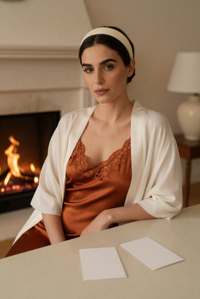 HuarenHome muse in an ember silk slip dress with rust lace and an ivory robe, seated at a desk by the fireplace with blank cards and a ceramic lamp